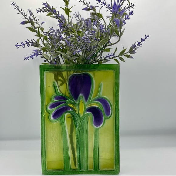 Vintage FTD Applied Iris Textured Glass Block Vase